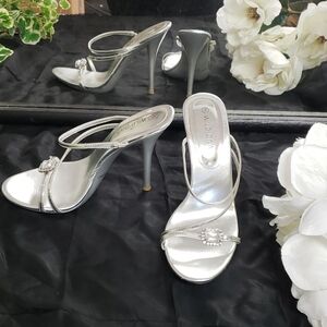 WILD Diva Stiletto Strappy Heels Silver with Bling 7 Near 5"  Heel VGUC Sexy!